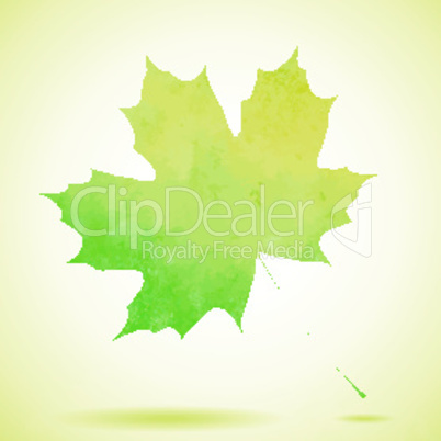 Green watercolor painted vector autumn maple leaf background