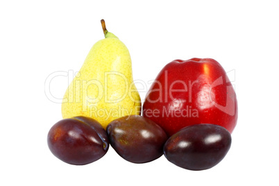 Fresh pear, apple and three plums