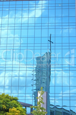 Reflection of church tower