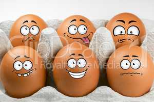 Eggs with faces and various expressions.