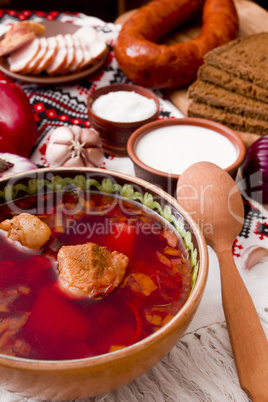 Pieces of meat in the borscht soup