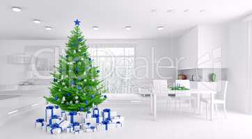 Interior of a white apartment with christmas tree 3d rendering
