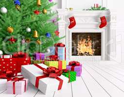 Christmas tree, gifts, fireplace in a room 3d rendering