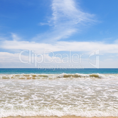 ocean, sandy beach and blue sky