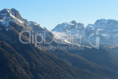The view on Dolomiti mountains and ski slope of Passo Groste ski