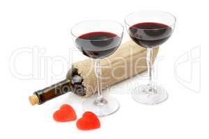 bottle of wine and glasses isolated on white background