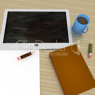 Workplace with Tablet PC, Book and cup of coffee