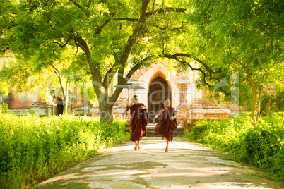 Young Buddhist novice monks running