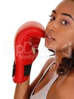Closeup of woman wearing boxing gloves.