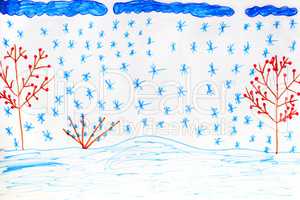 child's drawing of snowflakes and trees with red berries