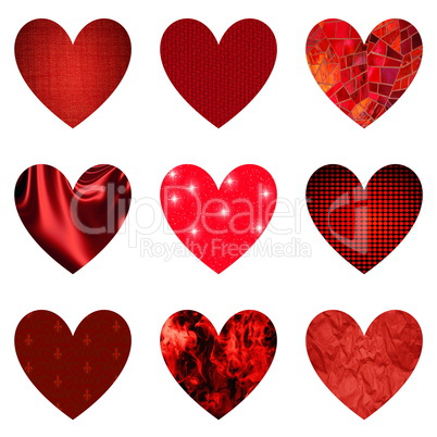 Set of textured red hearts