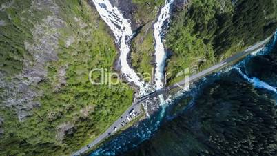 Aerial footage Latefossen Waterfall Odda Norway. Latefoss is a powerful, twin waterfall. View from the bird's-eye view.