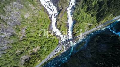 Aerial footage Latefossen Waterfall Odda Norway. Latefoss is a powerful, twin waterfall. View from the bird's-eye view.