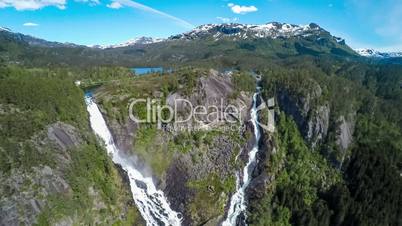 Aerial footage Latefossen Waterfall Odda Norway. Latefoss is a powerful, twin waterfall. View from the bird's-eye view.