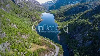 Aerial footage Beautiful Nature Norway. Flying over the lakes and fjords.View from the bird's-eye view.