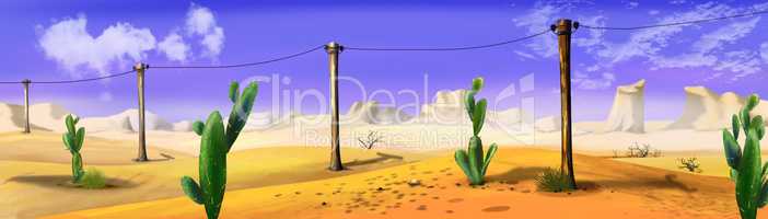 Landscape with telegraph-pole in a wild west desert. Panorama view.