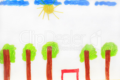 children's drawing with trees and clouds