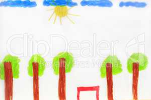 children's drawing with trees and clouds