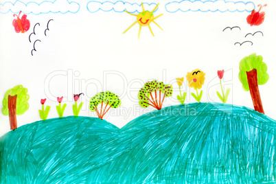 children's drawing with trees and flowers