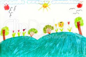 children's drawing with trees and flowers