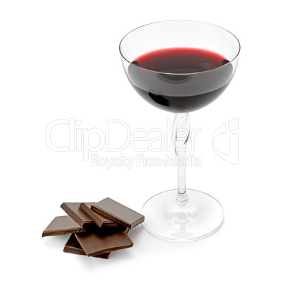 glass of wine and chocolate isolated on white background