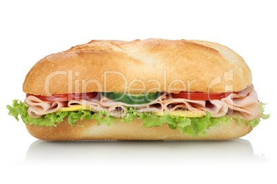 Sandwich Baguette belegt mit Schinken seitlich Freisteller