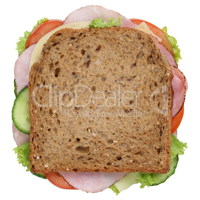 Sandwich Toast zum Frühstück belegt mit Schinken von oben Frei