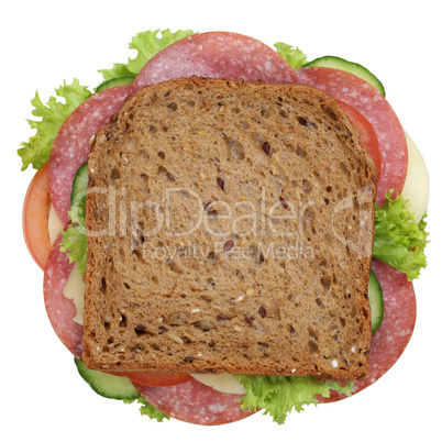 Sandwich Toast zum Frühstück belegt mit Salami Freisteller von