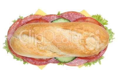 Sandwich Baguette belegt mit Salami von oben Freisteller