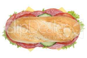 Sandwich Baguette belegt mit Salami von oben Freisteller