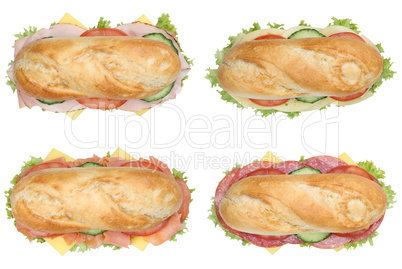 Collage belegte Sandwiches Baguettes mit Salami, Schinken und K