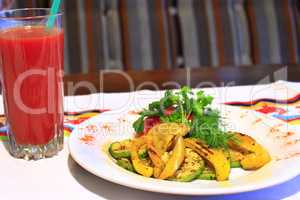 dish for vegetarians vegetables grilled and tomato juice