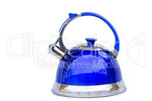 Bright blue kettle on a white background.
