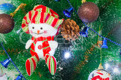 Amusing figure of a snowman on a Christmas fir-tree.