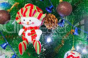 Amusing figure of a snowman on a Christmas fir-tree.