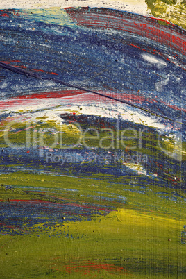 Brushstroke - yellow,blue,white,green, red paint  on metal surfa