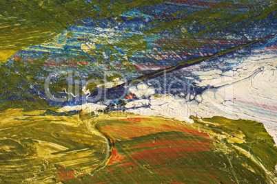 Brushstroke - yellow,blue,white, green, red paint  on metal surf