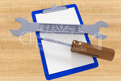Wrench and screwdriver and clipboard