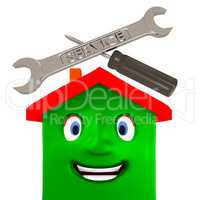 Wrench and screwdriver symbolically above the house