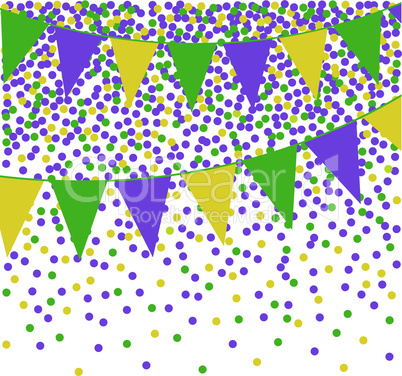 Mardi Gras bunting background with confetti.