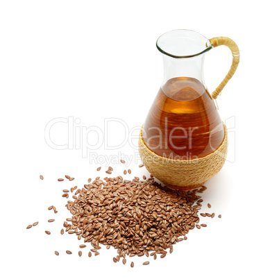 flax seeds and oil isolated on white background