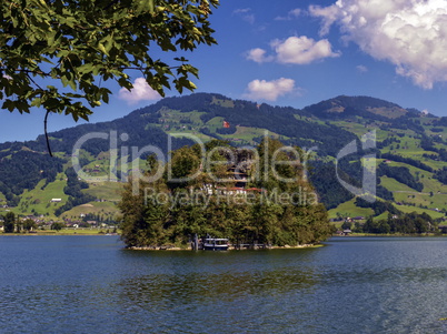 Burgruine castle on Schwanau island in lake Lauerz, Schwyz, Switzerland