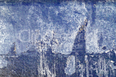 Hoarse, scratched and peeled surface  with blue and white paint