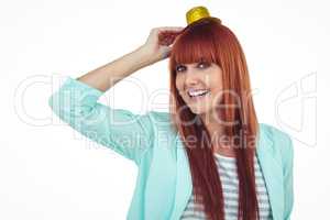 Smiling hipster woman wearing hat party