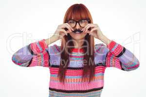 Smiling hipster woman with a mustache