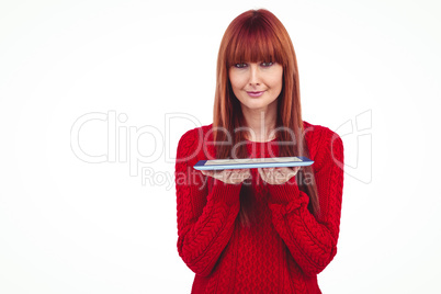 Smiling hipster woman holding tablet