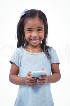 Standing girl using tablet and smiling at camera