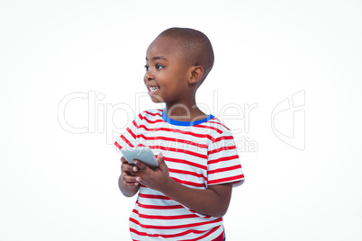 Standing boy holding smartphone