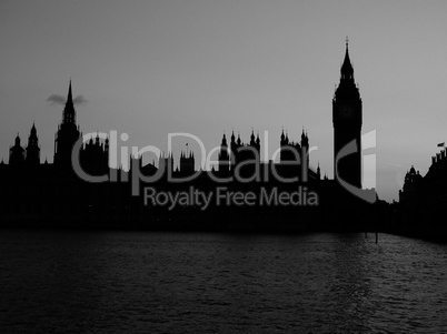 Black and white Houses of Parliament in London