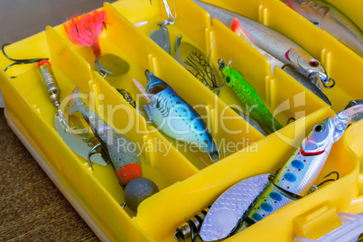 Fishing tackle: a set of spoons in the container.